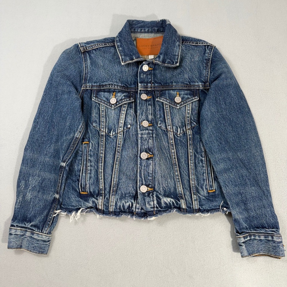 Lucky Brand Distressed Raw Hem Denim Trucker Jacket Boho Wash XS